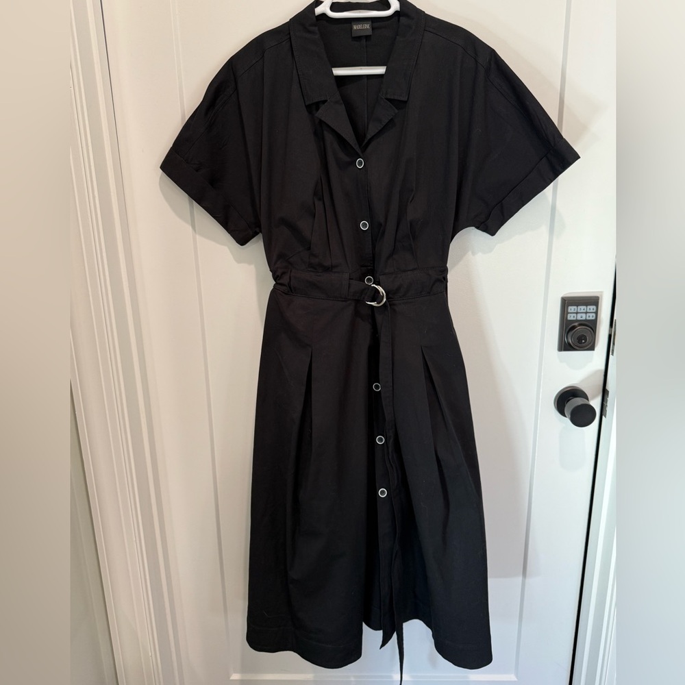Madeleine black stretch cotton short sleeve belted shirt dress size 14